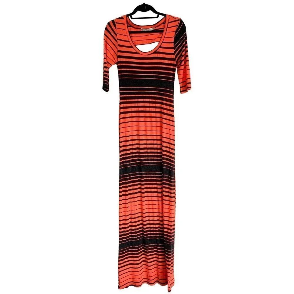 Liberty Love Womens Maxi Dress Pink Gray Striped Short Sleeve Scoop Neck S
